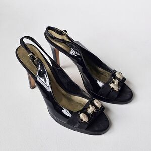 VTG Beverly Feldman Black Patent Slingback Heels Crystal Hardware Peep Toe 10M